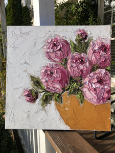 Commission -“Pink Peonies in Gold Bowl II” 20x20 Oil on Canvas