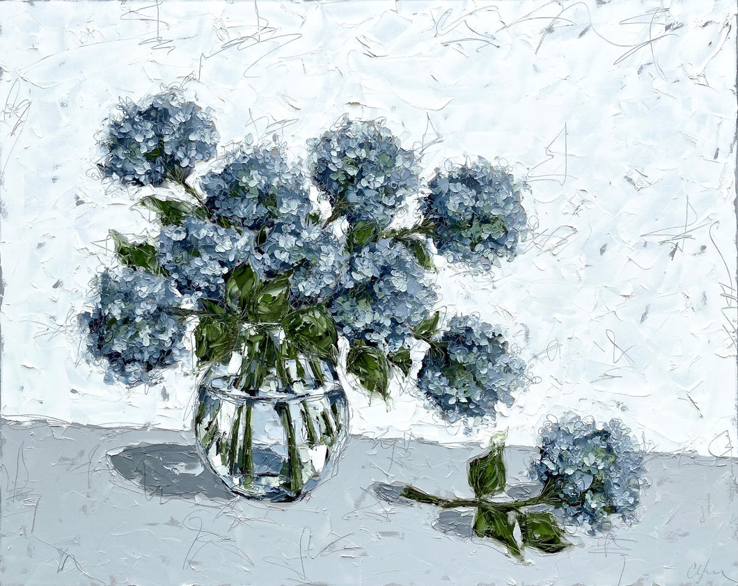 “Hydrangeas in Blue Glass” 48x60 Oil on Canvas