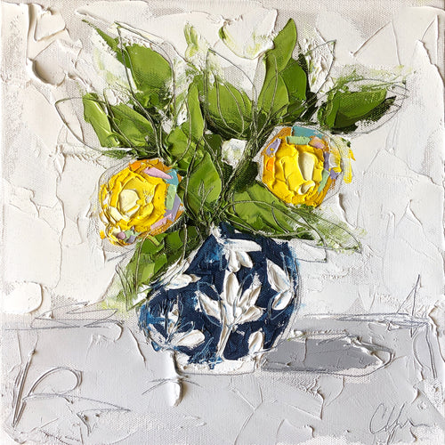 “Lemon in Blue Chinoiserie IV” 12x12 Oil on Canvas