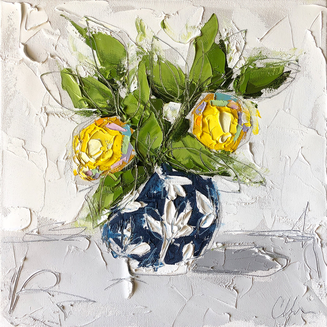 “Lemon in Blue Chinoiserie IV” 12x12 Oil on Canvas