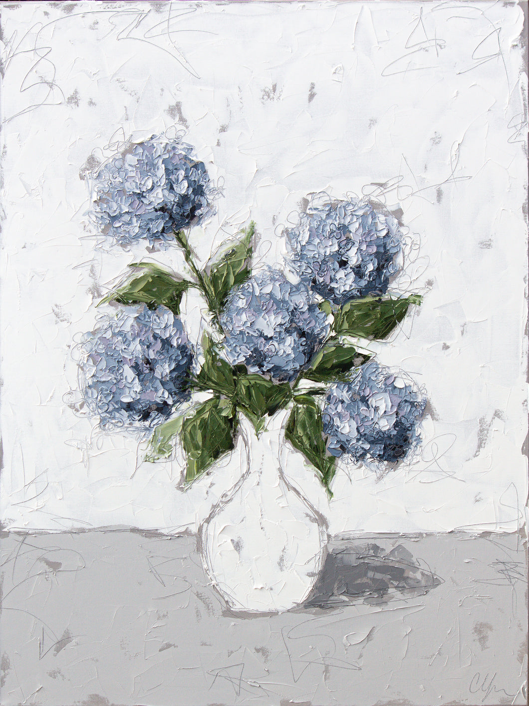 “Blue Hydrangeas in White Vase” 48x36 Oil on Canvas