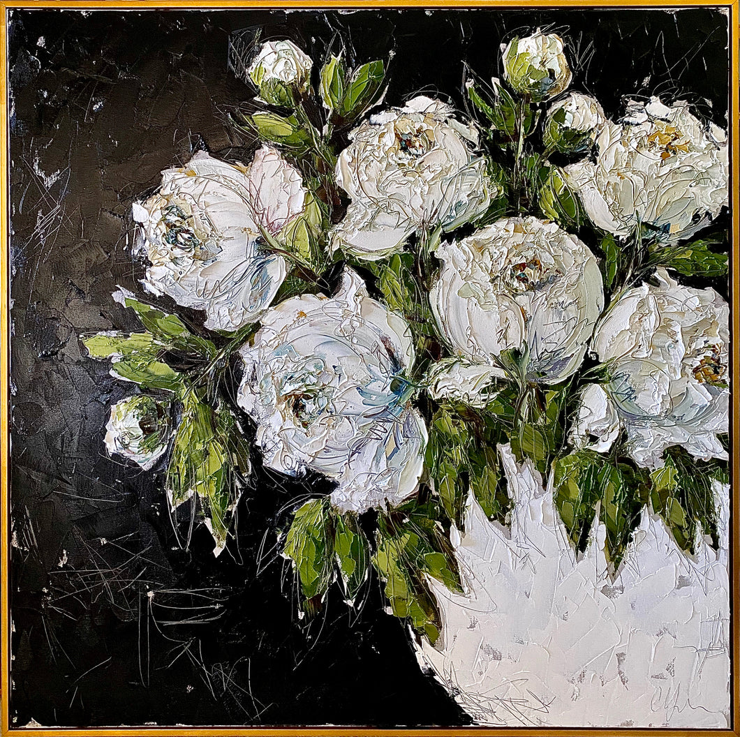 “White Peonies in White Bowl” Framed 48x48 Oil on Canvas