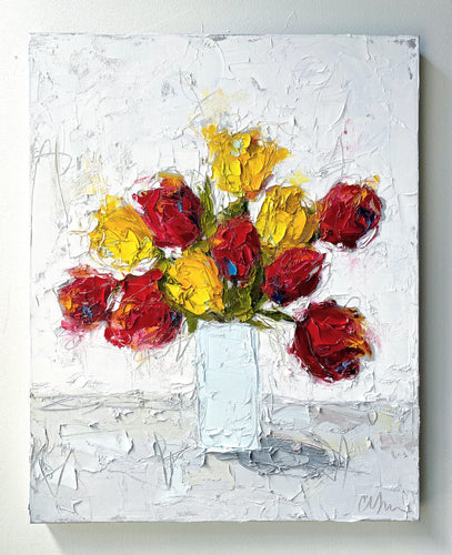 “Red and Yellow Tulips in Blue