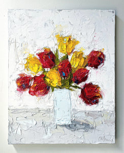 “Red and Yellow Tulips in Blue" 24x30” Oil on Canvas