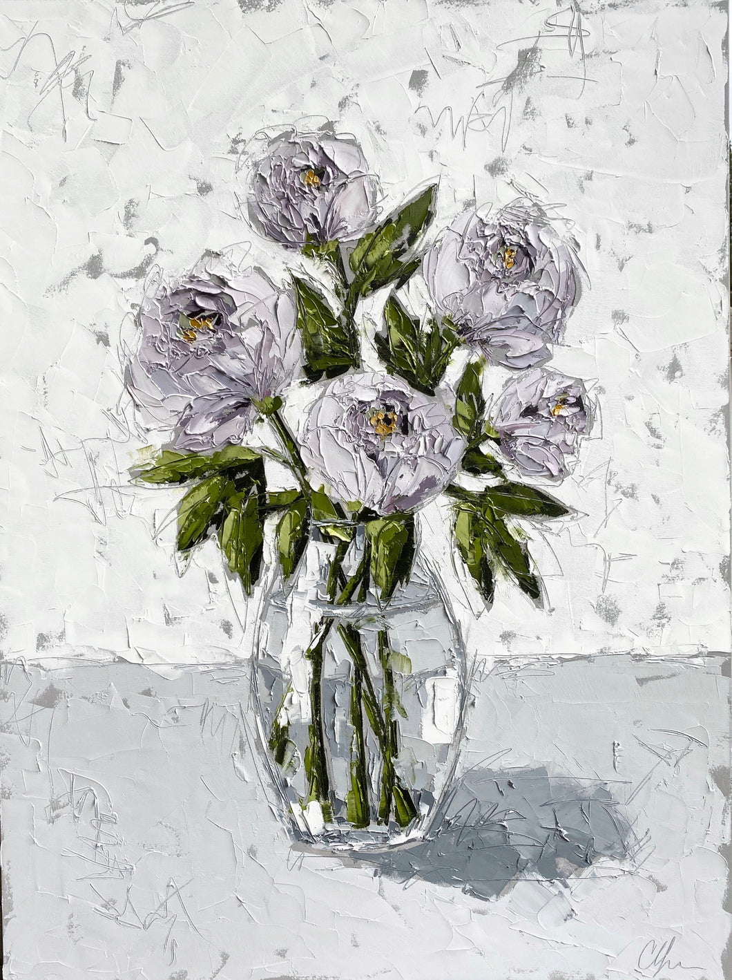 “Purple Peonies in Glass” 48x36 Oil on Canvas