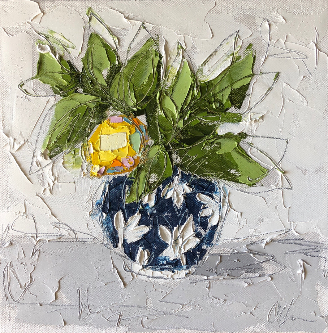 “Lemon in Blue Chinoiserie VI” 12x12 Oil on Canvas