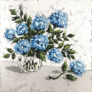 “Hydrangeas in Glass VI” 36x36 Oil on Canvas
