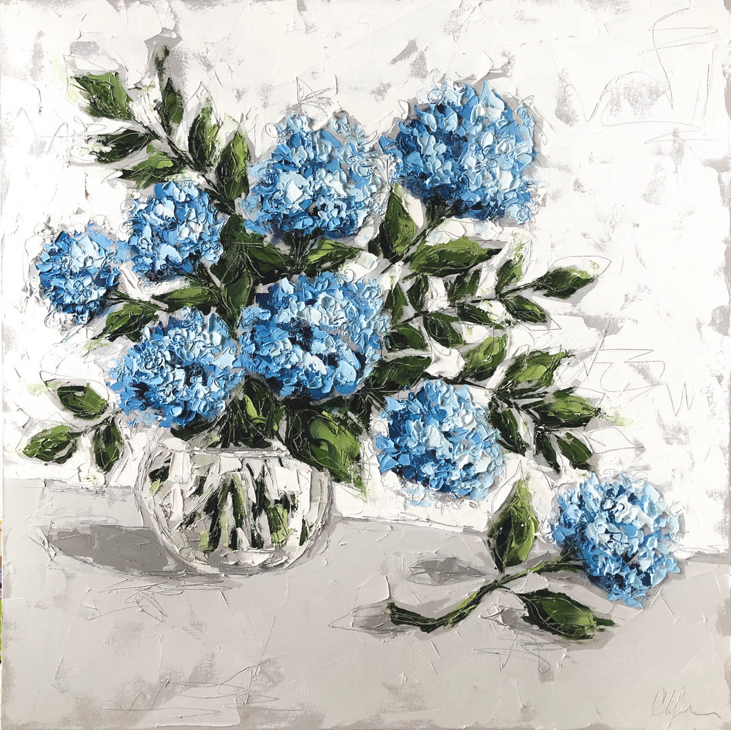 “Hydrangeas in Glass VI” 36x36 Oil on Canvas