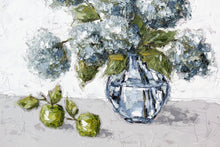 Load image into Gallery viewer, “Hydrangeas and Apples in Glass” 48x48 Oil on Canvas