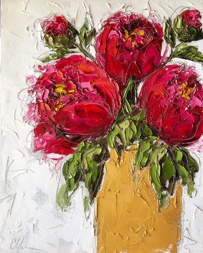 “Red Peonies in Gold Vase II” 20x16x1.5” Oil and Graphite on Canvas