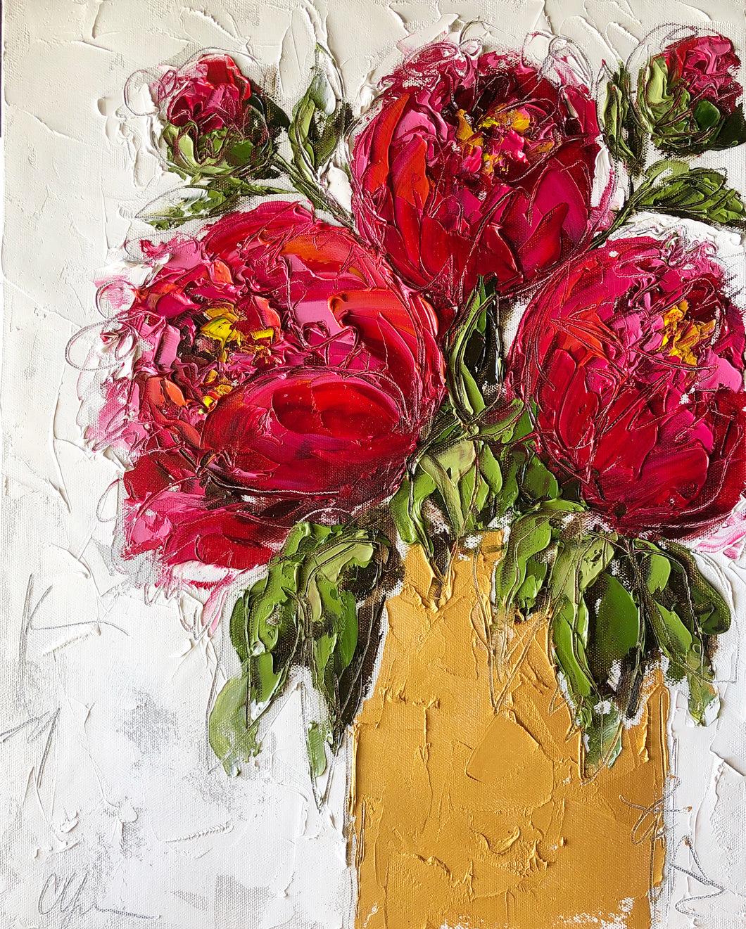 “Red Peonies in Gold Vase II” 20x16x1.5” Oil and Graphite on Canvas