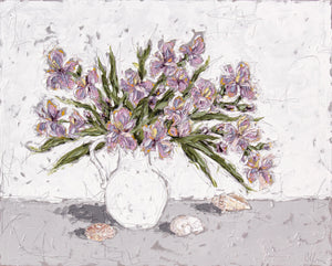 “Irises and Seashells” 48x60 Oil on Canvas