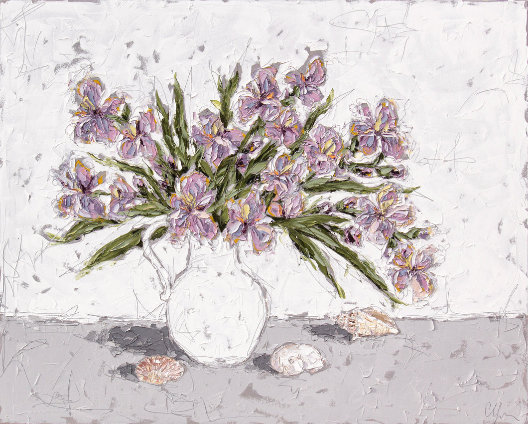 “Irises and Seashells” 48x60 Oil on Canvas