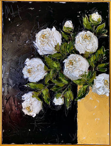 “White Peonies in Gold Vase” Framed 48x36 Oil on Canvas