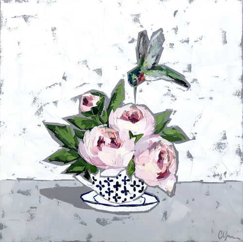 “Peonies and Hummingbird”