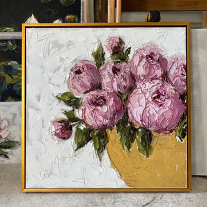 “Pink Peonies in Gold Bowl” 24x24 Oil on Canvas