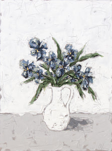 “Blue Irises in White Vase” 48x36 Oil on Canvas
