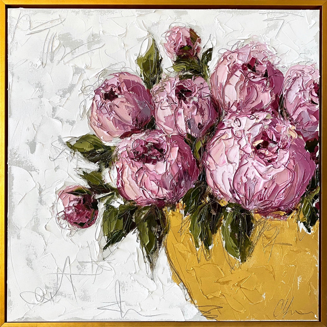 “Pink Peonies in Gold Bowl” 24x24 Oil on Canvas