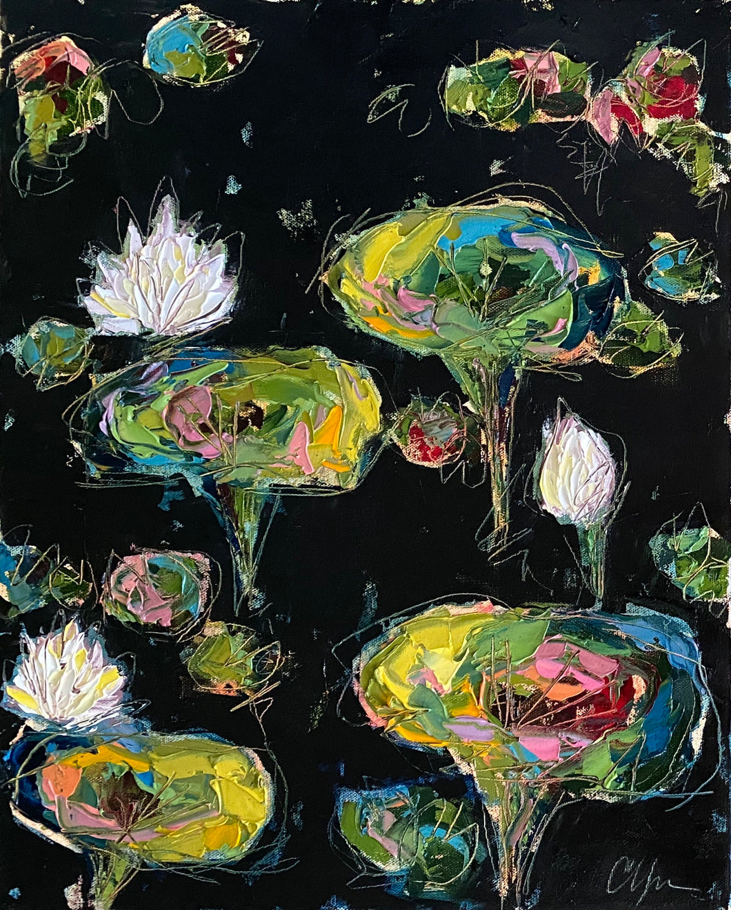 “Lilies and Lotuses X” 20x16x1.5” Oil on Canvas
