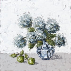“Hydrangeas and Apples in Glass” 48x48 Oil on Canvas