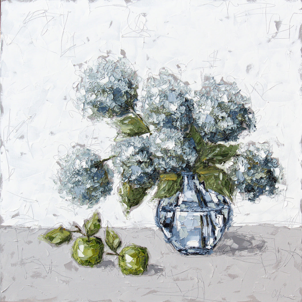 “Hydrangeas and Apples in Glass” 48x48 Oil on Canvas