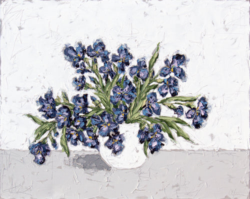 “Violet Irises in White Vase” 48x60 Oil on Canvas