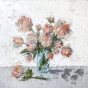 “Blush Peonies in Teal Vase" 48x48 Oil on Canvas