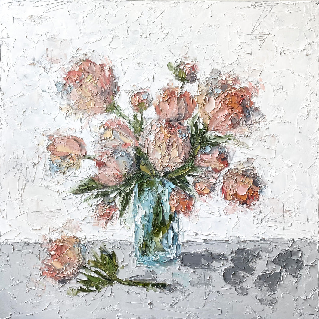 “Blush Peonies in Teal Vase