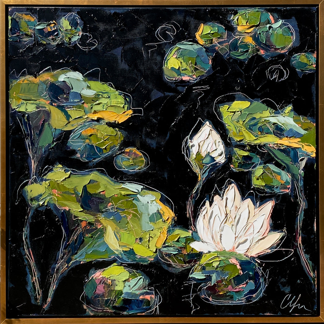 “Lilies and Lotuses V” Framed 24x24 Oil on Canvas