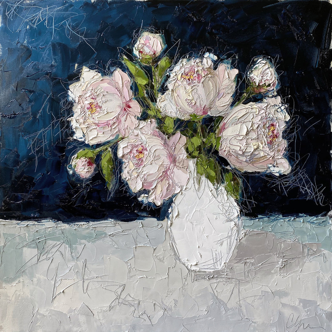 “Peonies in Blue” 36x36 Oil on Canvas