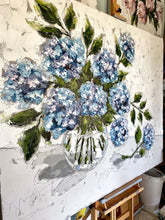 Load image into Gallery viewer, “French Hydrangeas in Glass” 48x60 Oil on Canvas