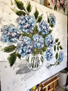 “French Hydrangeas in Glass” 48x60 Oil on Canvas