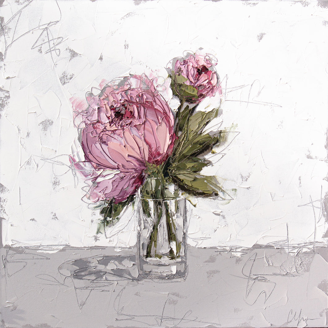 “Pink Peony in Glass XII” 24x24 Oil on Canvas
