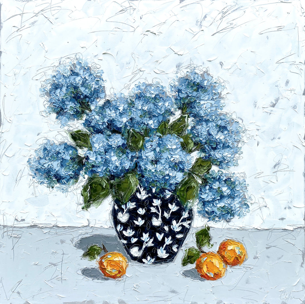 “Hydrangeas and Oranges” 48x48 Oil on Canvas